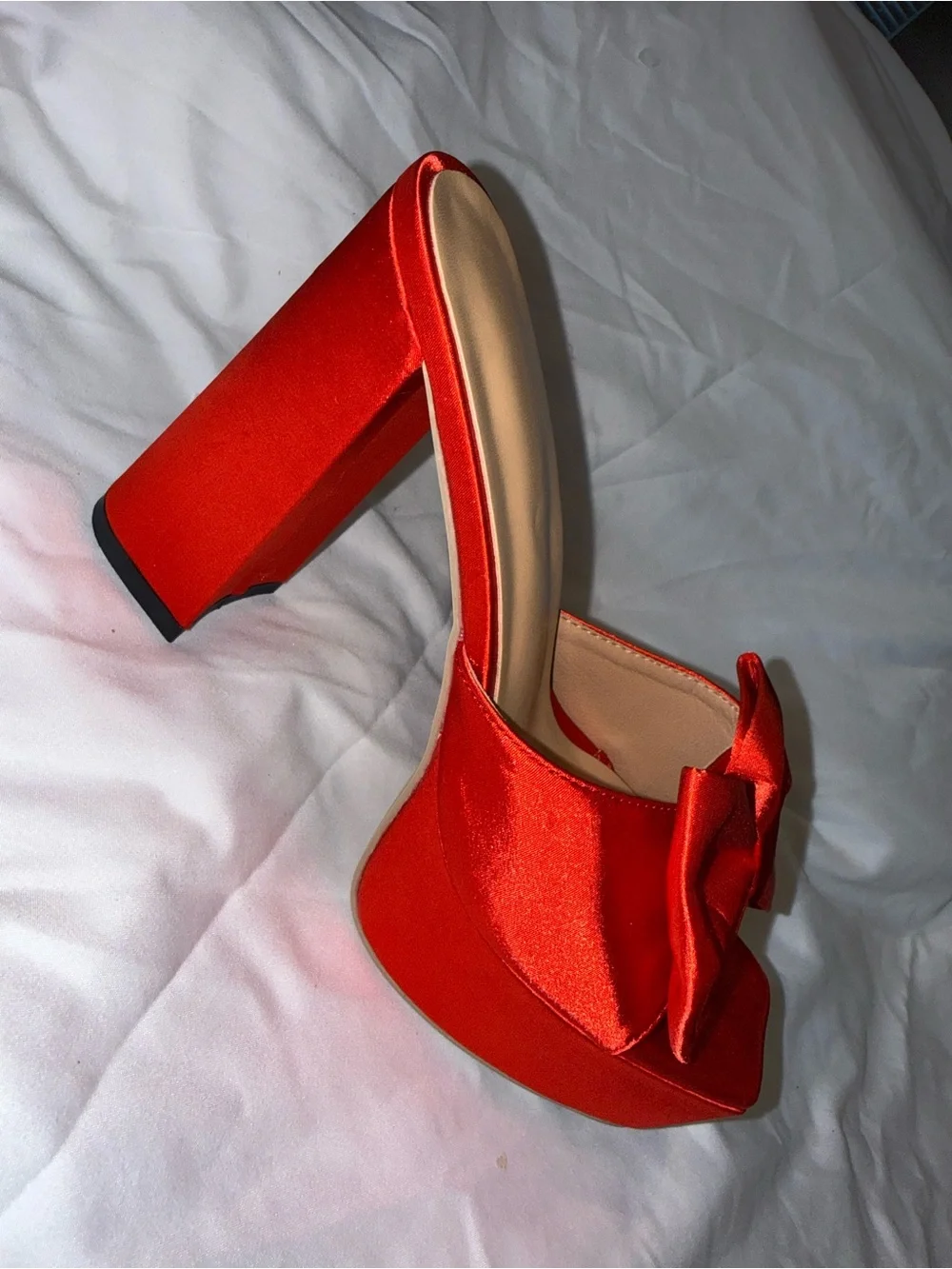 SHEIN Red Satin Bow Platform Slide Heels